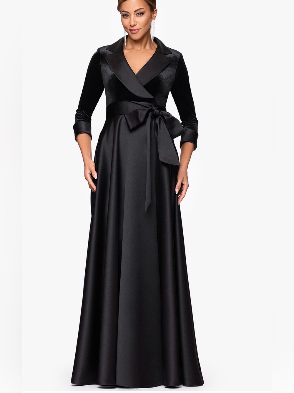 XSCAPE Black Velvet & Satin Wrap Waist Dress